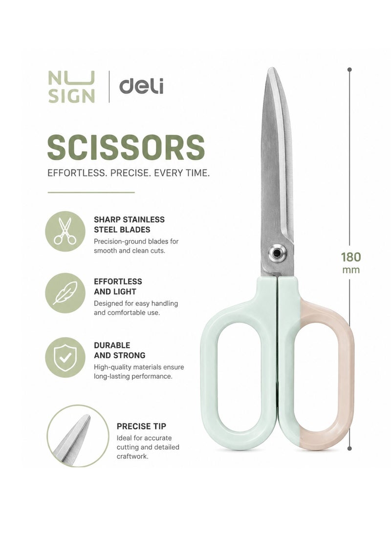 Deli 1-Piece Nusign Premium Stainless Steel Scissors 180mm Size Green - Image 2
