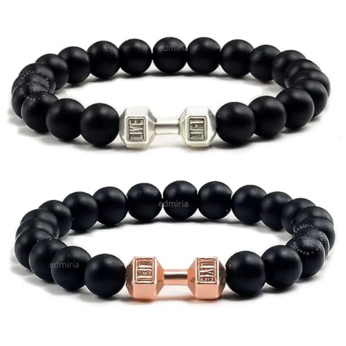 EDMIRIA Couple Combo Matching Best Friend Relationship Natural Black Stone Bead Dumbbell Charms Bracelet For Unisex Adult (Matte Agate-Silver+RoseGold) - Image 1