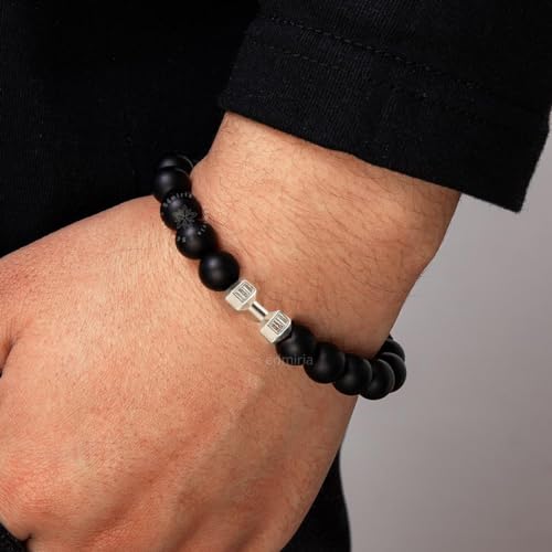 EDMIRIA Couple Combo Matching Best Friend Relationship Natural Black Stone Bead Dumbbell Charms Bracelet For Unisex Adult (Matte Agate-Silver+RoseGold) - Image 4