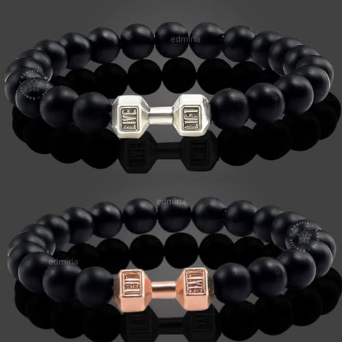 EDMIRIA Couple Combo Matching Best Friend Relationship Natural Black Stone Bead Dumbbell Charms Bracelet For Unisex Adult (Matte Agate-Silver+RoseGold) - Image 3
