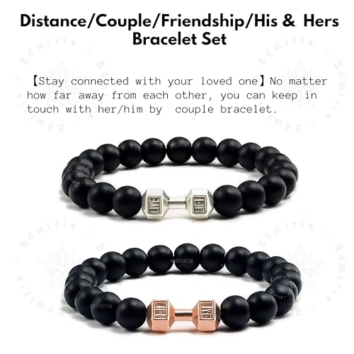 EDMIRIA Couple Combo Matching Best Friend Relationship Natural Black Stone Bead Dumbbell Charms Bracelet For Unisex Adult (Matte Agate-Silver+RoseGold) - Image 2
