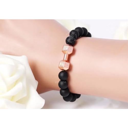 EDMIRIA Couple Combo Matching Best Friend Relationship Natural Black Stone Bead Dumbbell Charms Bracelet For Unisex Adult (Matte Agate-Silver+RoseGold) - Image 5