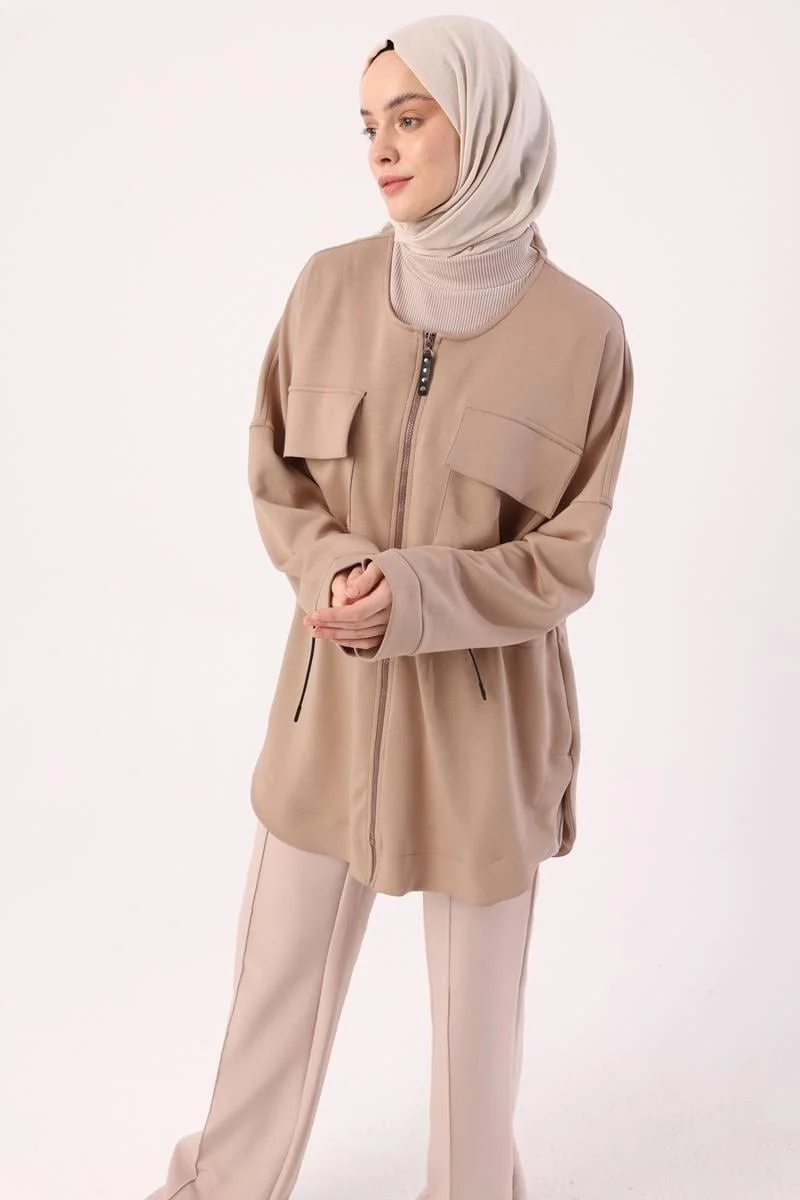 Allday Dark Beige-Waist Drawstring Pocket Jacket