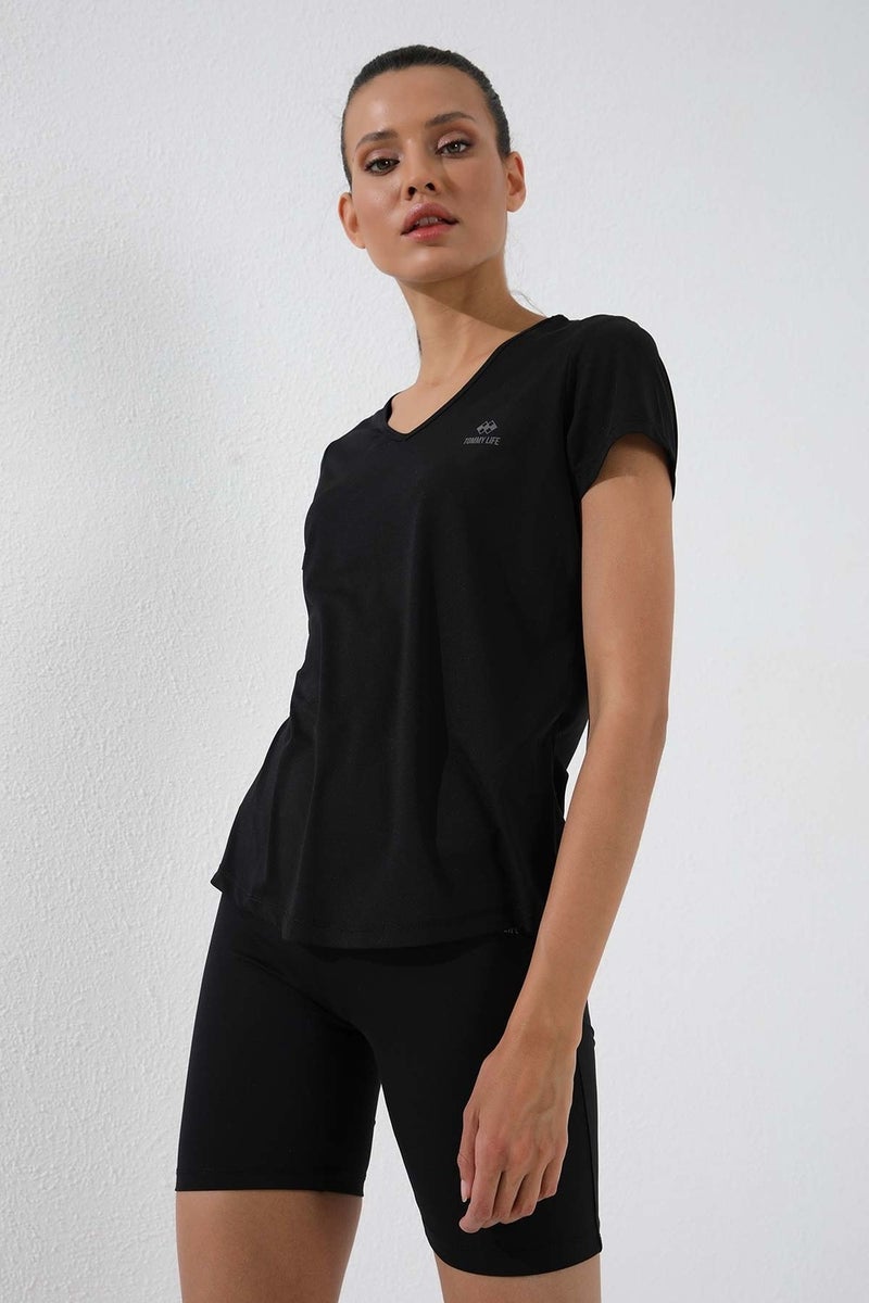 Tommy Life Black Women's Basic Short Sleeve Standard Pattern V Neck T-Shirt - 97145  - Image 1