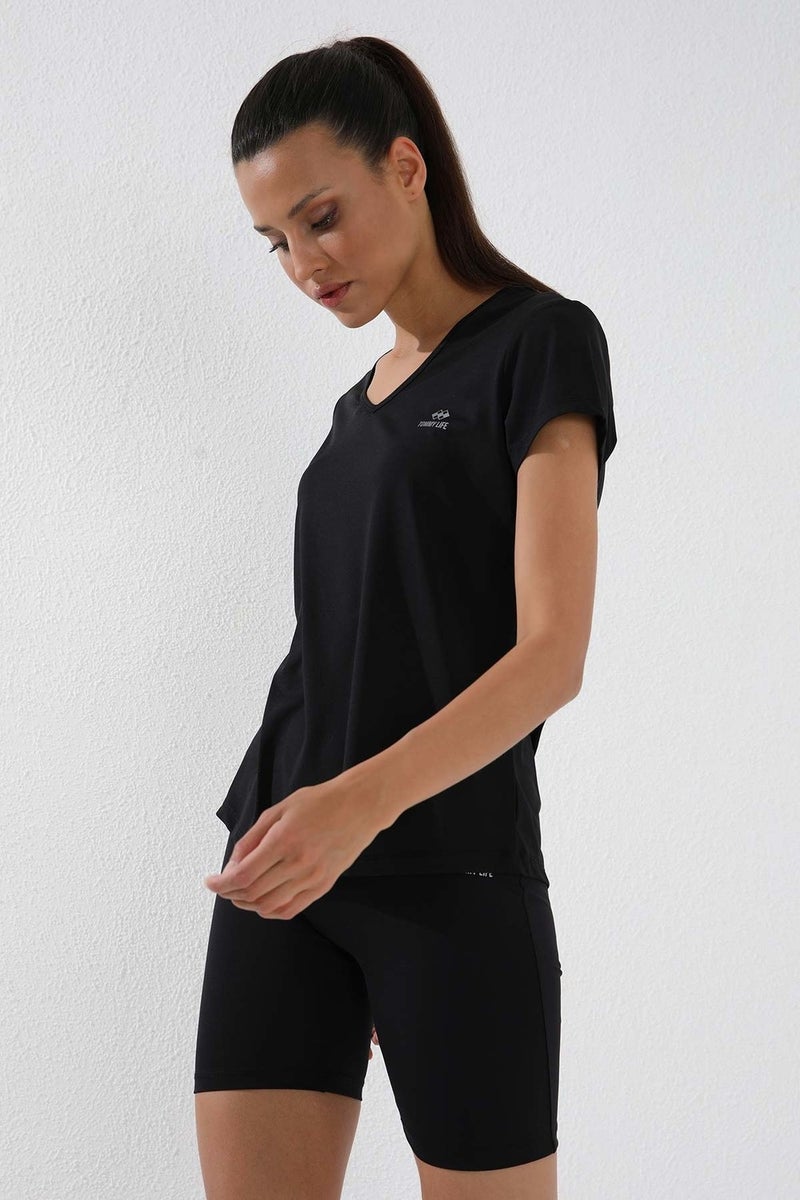 Tommy Life Black Women's Basic Short Sleeve Standard Pattern V Neck T-Shirt - 97145  - Image 2