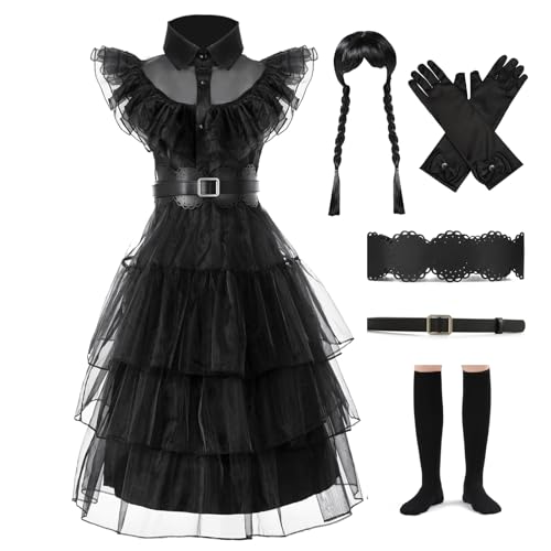 Moiegouct Girls Black Princess Costume Dress Up Costume Halloween Cosplay Party Outfit for Girls with Wig Belts Socks Golves Size 1314 - Image 1