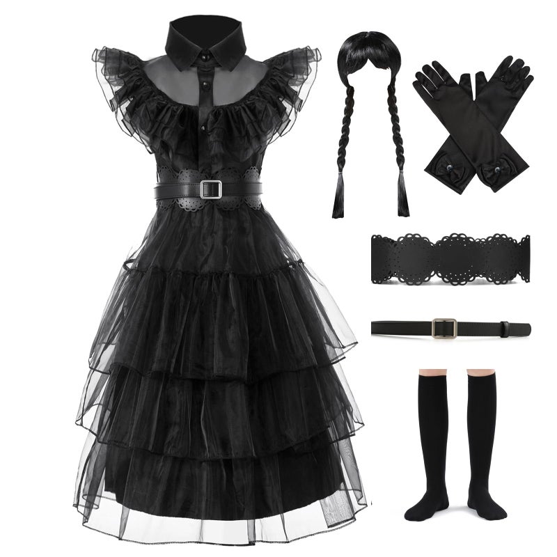 Moiegouct Girls Black Princess Costume Dress Up Costume Halloween Cosplay Party Outfit for Girls with Wig Belts Socks Golves Size 1314 - Image 2