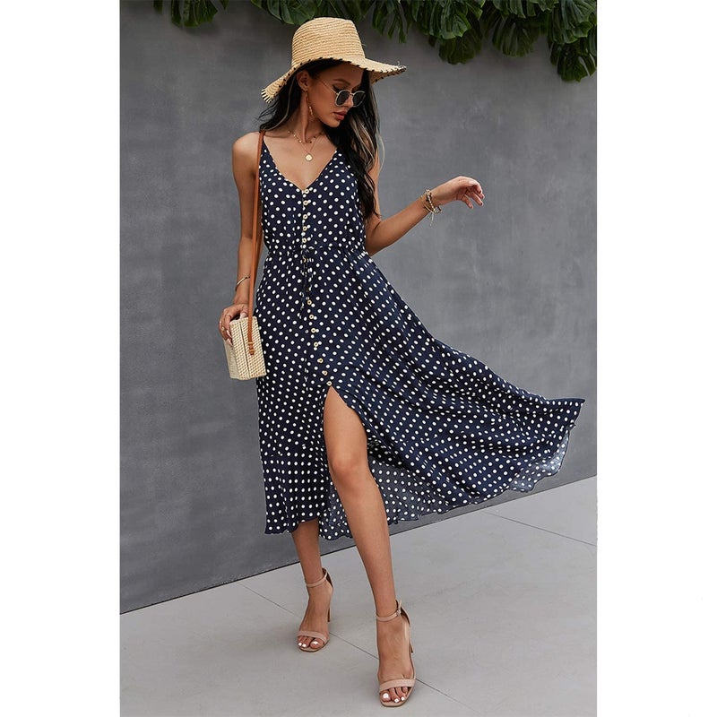BROVAVE Women's 2025 Summer Casual Boho Sundress Polka Dot Spaghetti Strap V Neck Flowy Midi Dresses(008 Navy, Small) - Image 3