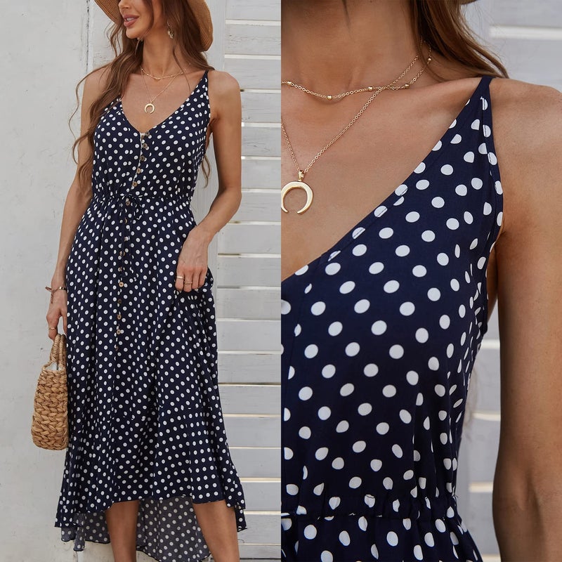 BROVAVE Women's 2025 Summer Casual Boho Sundress Polka Dot Spaghetti Strap V Neck Flowy Midi Dresses(008 Navy, Small) - Image 2