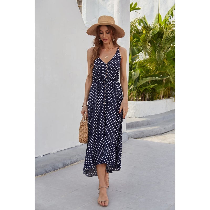 BROVAVE Women's 2025 Summer Casual Boho Sundress Polka Dot Spaghetti Strap V Neck Flowy Midi Dresses(008 Navy, Small) - Image 5