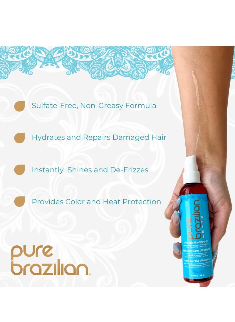 Pure Brazilian Pure Brazilian Shine Ultra Light Nourishing Oil with Brazilian Nut Oil for Smooth, Glossy & Frizz-Free Hair, Deep Hydration & Brilliant Shine, 4 Fl Oz  - Image 3