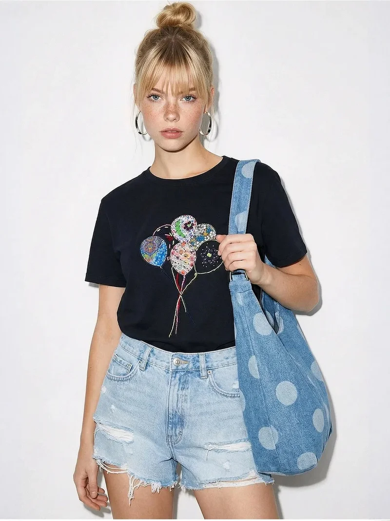 Bianco Lucci LUCCI Embroidered Printed Crew Neck T-Shirt