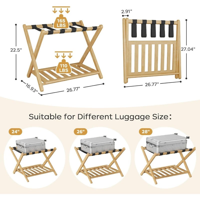 Fully Assembled Bamboo Luggage Racks, Upgraded Foldable Suitcase Stand with 5 Nylon Straps, Luggage Holders with Shoe Shelf Ideal for Guest Room, Bedroom, Hotel, Honey Oak - Image 2