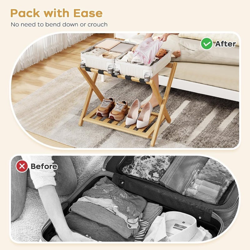Fully Assembled Bamboo Luggage Racks, Upgraded Foldable Suitcase Stand with 5 Nylon Straps, Luggage Holders with Shoe Shelf Ideal for Guest Room, Bedroom, Hotel, Honey Oak - Image 4