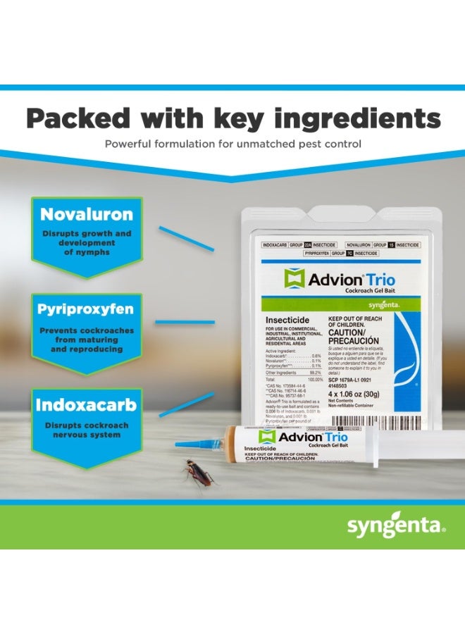 SAG Trio Cockroach Gel Bait, 4 Tubes x 30-Grams, 1 Plunger and 2 Tips, Formulated with 0.6% Indoxacarb, 0.1% Novaluron and 0.1% Pyriproxyfen, Ready-to-Use Roach Killer for Indoor and Outdoor Use - Image 3