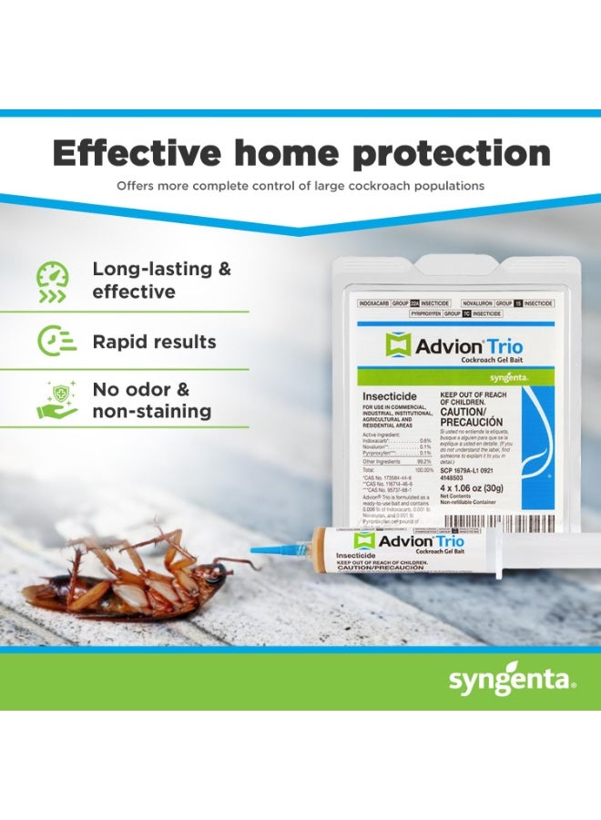 SAG Trio Cockroach Gel Bait, 4 Tubes x 30-Grams, 1 Plunger and 2 Tips, Formulated with 0.6% Indoxacarb, 0.1% Novaluron and 0.1% Pyriproxyfen, Ready-to-Use Roach Killer for Indoor and Outdoor Use - Image 4