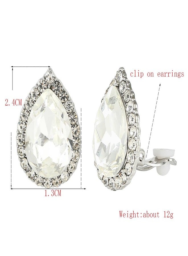 YINLI Gorgeous Austrian Crystal Rhinestone Teardrop Clip on Earrings Trendy Earring (White) - Image 3