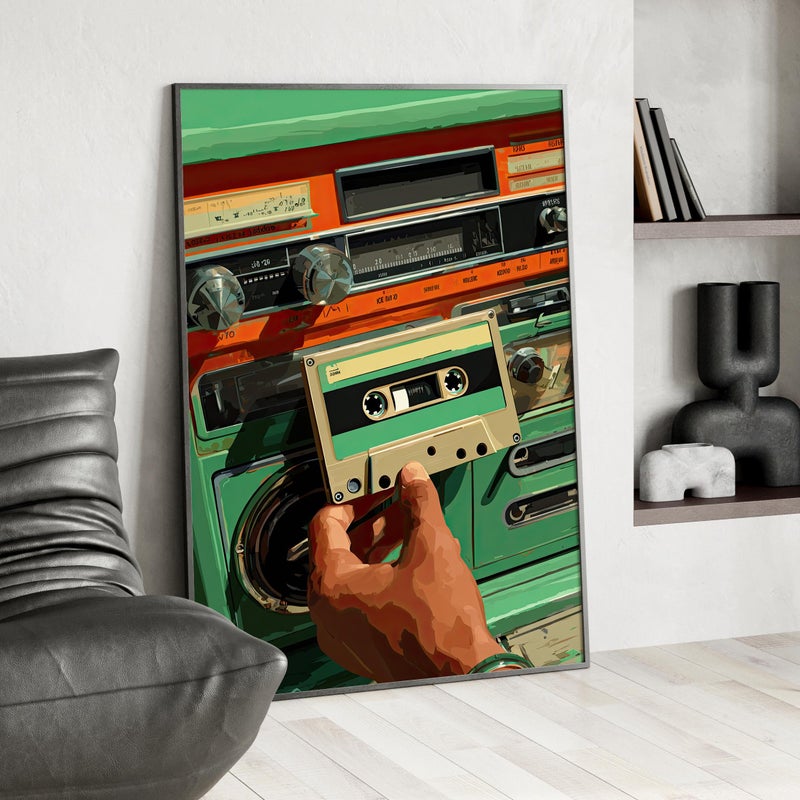 TNESSENTIAL Retro 90s Cassette Player Wall Art Poster or Canvas Print, Vintage Radio Print, Nostalgic Pop Art, Retro Orange Green Beige Vector Decor - Image 1