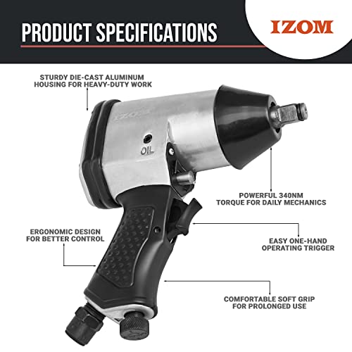 IZOM IZ-5040B 1/2" Impact Wrench, Torque 340 Nm Air Powered 7000Fixed Square RPM Rocking Dog 90 PSI with Front Exhaust for Tire Changing & Workshop Applications - Image 3