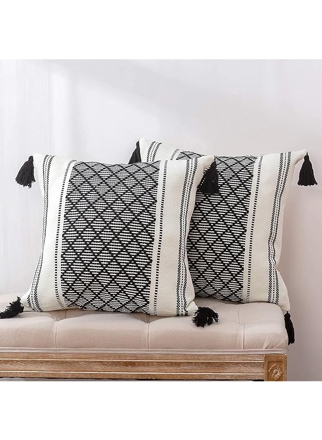 The Bros Throw Pillow Covers 18x18 Inch Set of 2 Farmhouse Decorative Cushion Case Cotton Woven Diamond Jacquard Pattern for Sofa Couch Bed - Image 1