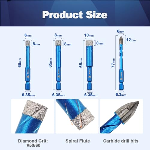 BRSCHNITT Diamond Drill Bit - BRSCHNITT 1/4 1/4 5/16 3/8 inch Masonry Drill Bits Set for Porcelain Tile Ceramic Stone Granite Marble,Hex Shank Diamond Hole Saw Drill Bit(5pcs/Pack). - Image 2