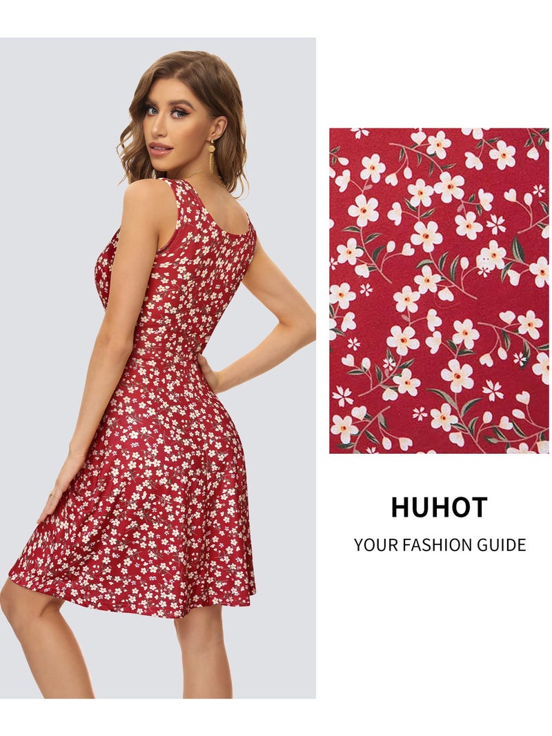 HUHOT Sun Dresses Women Casual Summer Graduation Easter Dresses Sundresses for Juniors Wedding Guest Wine Red Floral Flared Midi Tank Dress with Pockets Spring Dresses for Women 2025 - Image 2