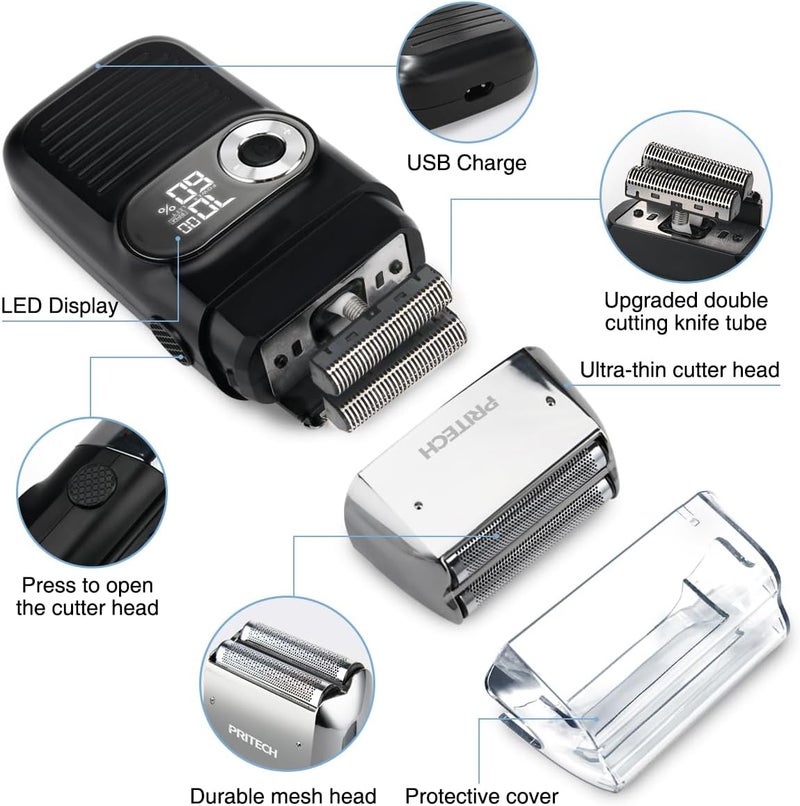 PRITECH Foil and Bald Shavers 2 in 1 Electric Shaver for Men Foil Blade and PopupTrimmer with Rechargeable 3 Adjustable Speeds Men's Shaver (Black Silver) - Image 5