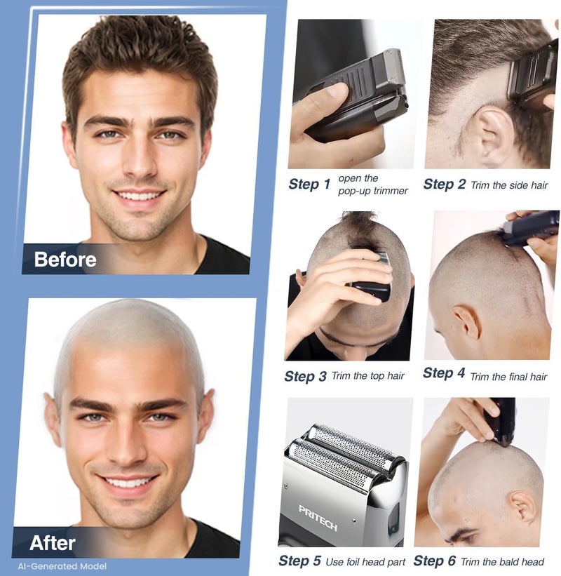 PRITECH Foil and Bald Shavers 2 in 1 Electric Shaver for Men Foil Blade and PopupTrimmer with Rechargeable 3 Adjustable Speeds Men's Shaver (Black Silver) - Image 2