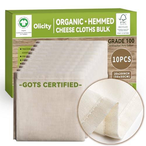 Organic Cheesecloth Bulk GOTS Certified10PCSGrade 10020x20Inch Hemmed Cheese Cloths Fabric Reusable Fine Mesh Cloth100 Cotton Unbleached Muslin Bulk Cheesecloth Roll for StrainingCookingYogurt