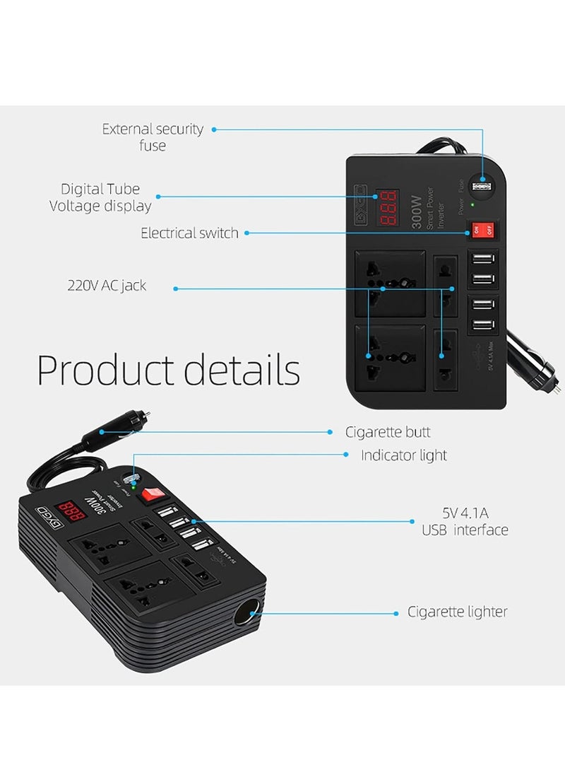 Generic 300W Car Inverter, 12V to 220V Power Converter with 4 USB Ports, Universal Socket, Notebook Charging, Car Cigarette Lighter Adapter  - Image 5