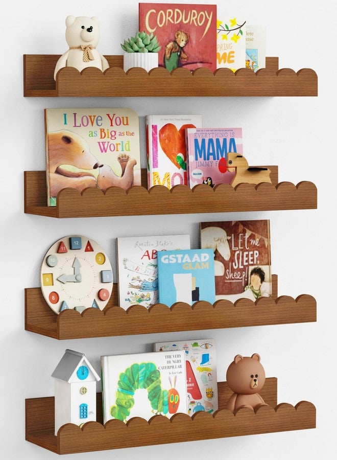 Harwaya Walnut Nursery Book Shelves Wall Set of 4, Dark Wood Scalloped Floating Bookshelf for Wall, Cloud Wooden Hanging Shelving Unit for Kids Bedroom Baby Child Toddler Room Kitchen (Walnut Brown) - Image 1