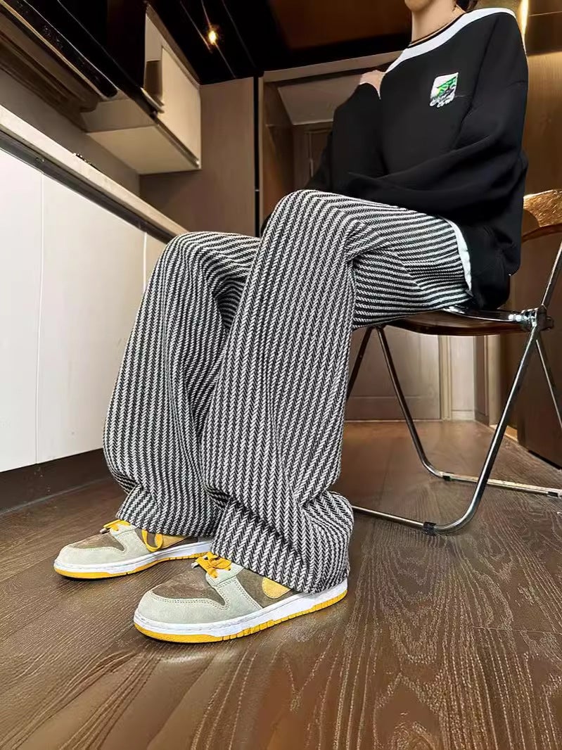 American retro black vertical striped casual pants oversize lazy style draping plus size loose straight wide-leg pants - Image 5