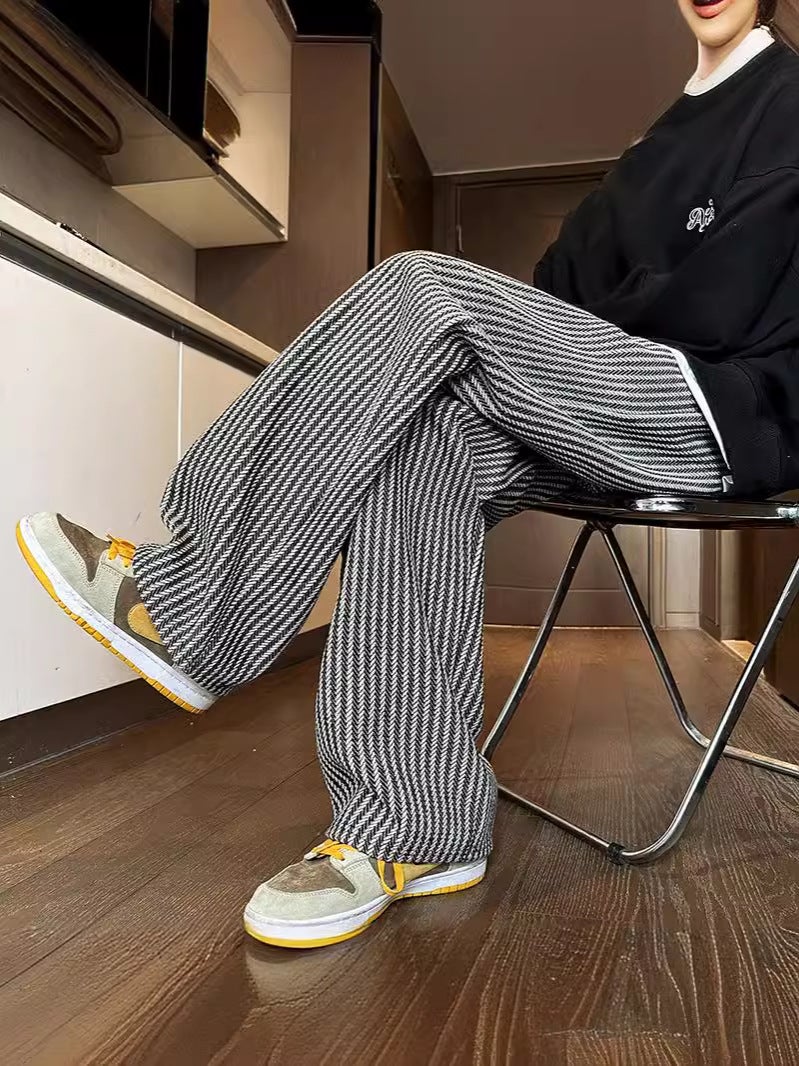 American retro black vertical striped casual pants oversize lazy style draping plus size loose straight wide-leg pants - Image 3