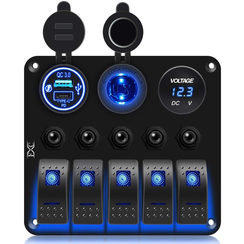 FXC Waterproof Marine Boat Blue Rocker Switch Panel 5 Gang with QC3.0 USB & Type-C Slot Socket + Cigarette Lighter +LED Voltmeter with Overload Protection Circuit Breaker for Car Rv Vehicles Truck - Image 1