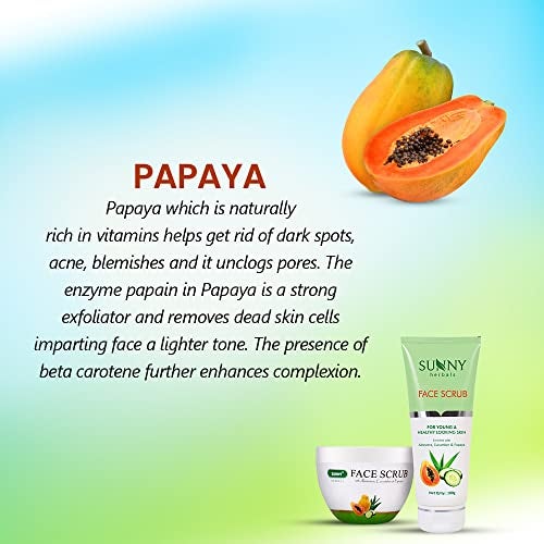 Sunny Face Scrub Loaded With Aloevera, Cucumber & Papaya Extracts | Removes Embedded Dirt in pores | Exfoliates Dead Skin & Helps Cell Renewal | Cucumber & Papaya Tone Up The Skin, 100gm(Pack of 2) - Image 5