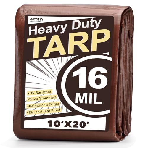Keten Tarps Heavy Duty Waterproof 10X20 Feet, Extra Thick 16 Mil, Tear & Fade Resistant, 100% UV Blocking, Outdoor Tarp with Reinforced Grommets for Roof, Camping, Patio, Pool, Boat (Brown/Silver) - Image 1