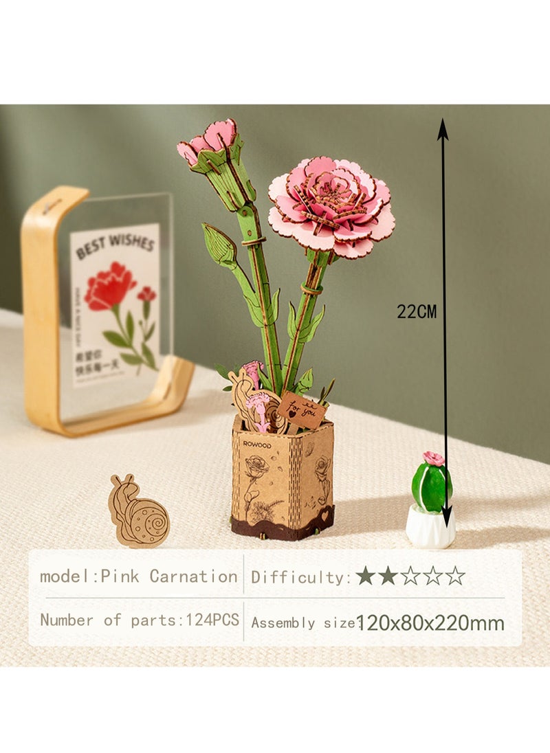 Pink Carnation, 3d Flower Wooden Puzzle Building Blocks, Plant Diy Model Set Building Crafts, Collectibles, Creative Gifts And Toys  - Image 2