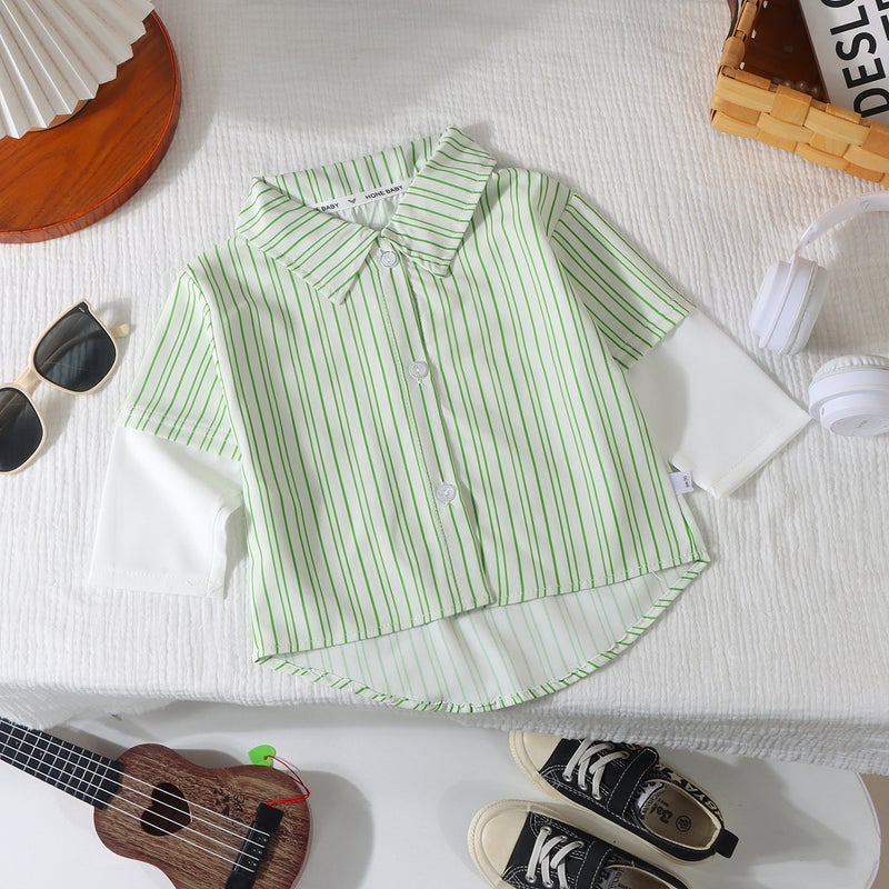 Boys' Fake Two-Piece Striped Printed Shirt Korean Style Men'S Shirt Top Baby'S Cardigan Jacket - Image 1
