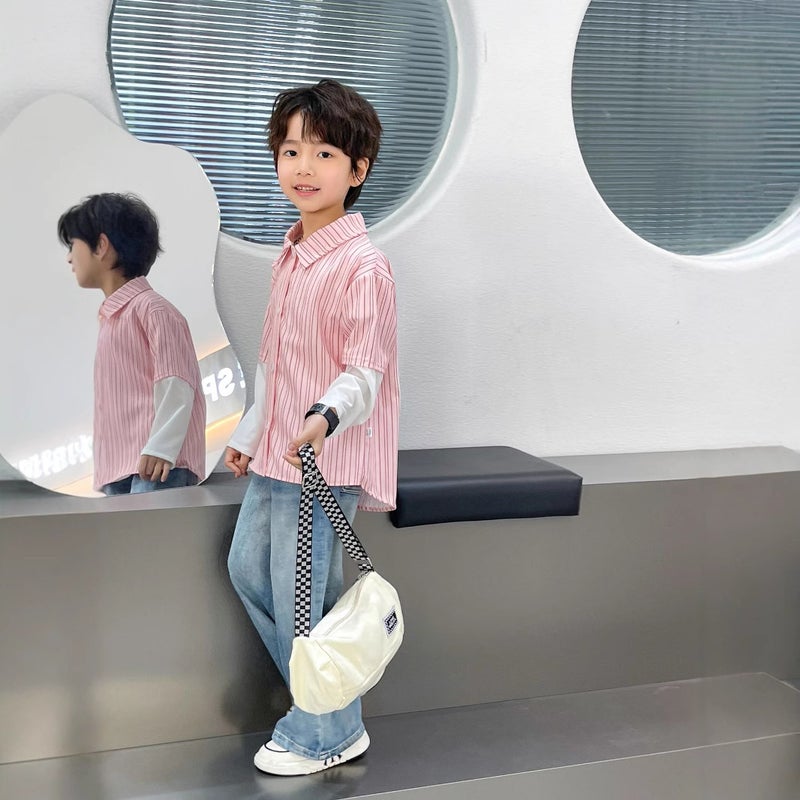 Boys' Fake Two-Piece Striped Printed Shirt Korean Style Men'S Shirt Top Baby'S Cardigan Jacket - Image 5