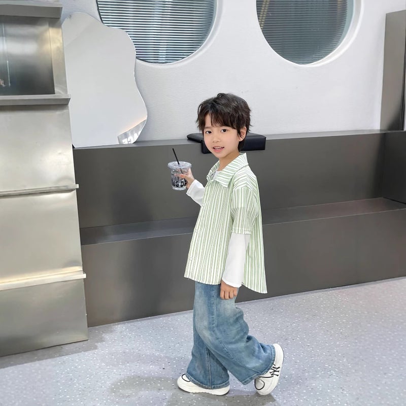 Boys' Fake Two-Piece Striped Printed Shirt Korean Style Men'S Shirt Top Baby'S Cardigan Jacket - Image 2