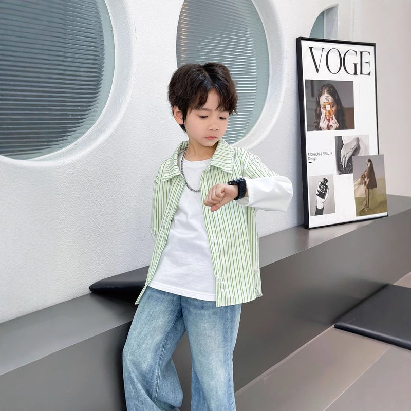 Boys' Fake Two-Piece Striped Printed Shirt Korean Style Men'S Shirt Top Baby'S Cardigan Jacket - Image 4