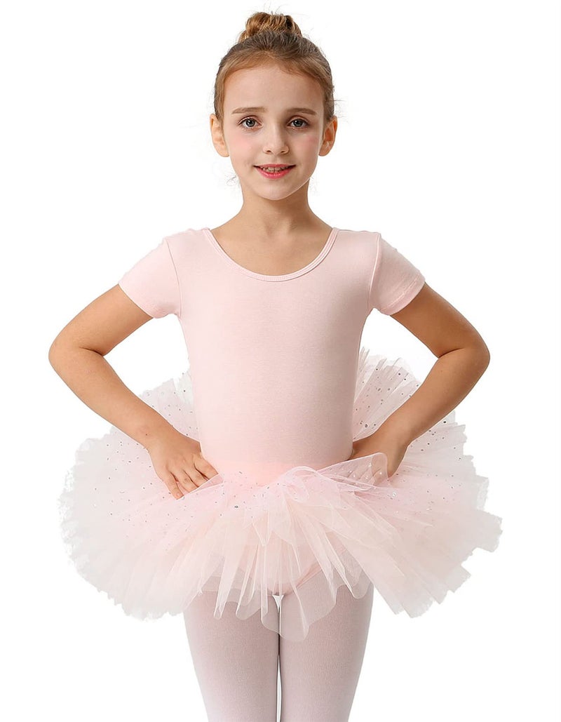 MdnMd Short Sleeve Glitter Dance Ballet Tutu Skirt Leotard Ballerina Outfit Costume for Girls Kids (Ballet Pink, 6-8 Years) - Image 1