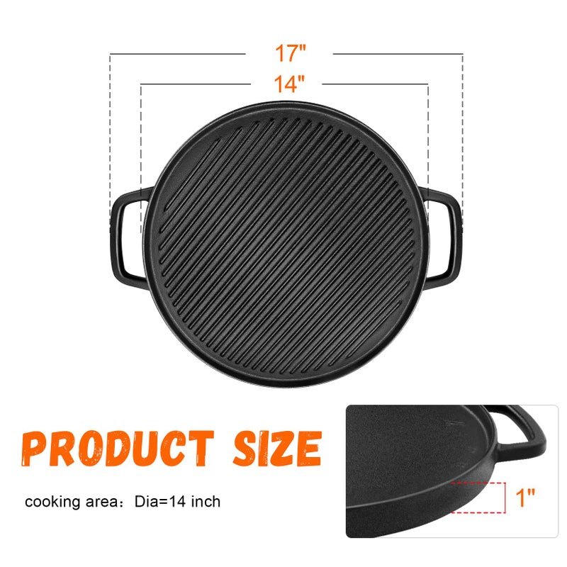 GGC Reversible Cast Iron Griddle, Double-sided Griddle Pan for Stove Tops, Gas Grills and Outdoor Cooking, 14 inch Grill Griddle with Baking Flat and Ribbed - Image 2