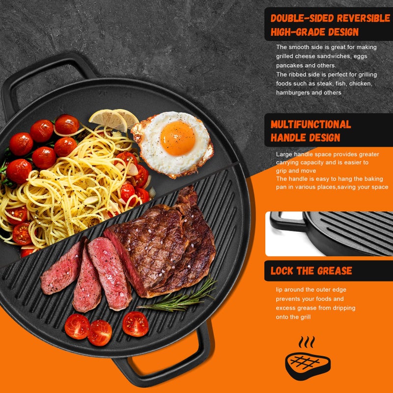 GGC Reversible Cast Iron Griddle, Double-sided Griddle Pan for Stove Tops, Gas Grills and Outdoor Cooking, 14 inch Grill Griddle with Baking Flat and Ribbed - Image 4