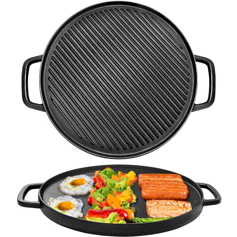GGC Reversible Cast Iron Griddle, Double-sided Griddle Pan for Stove Tops, Gas Grills and Outdoor Cooking, 14 inch Grill Griddle with Baking Flat and Ribbed - Image 1
