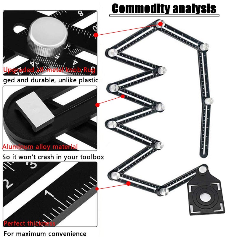 VINGAA Multi-Angle Measuring Ruler,Multi Angle Tool,12-Sided Angle Measurement,Tile Holes Measure Ruler with 3-Holes Positioning Apertures,Upgrade Multi Angle Ruler/Metal/Black - Image 3