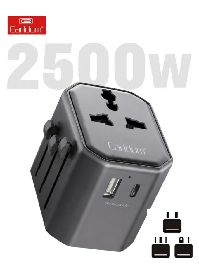 Earldom Universal International Travel Adapter 2500W with USB-A & USB-C 2.4A Charging, Worldwide Multi Plug Charger UK US EU AU, Safety Fuse & Surge Protection, Compact Travel Power Adapter for Compatible Devices - Image 1