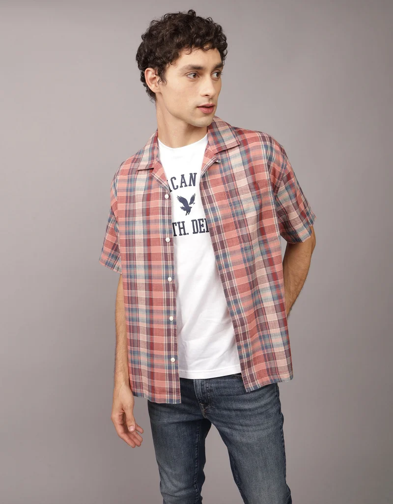 American Eagle Checked Plaid Button-Up Poolside Shirt