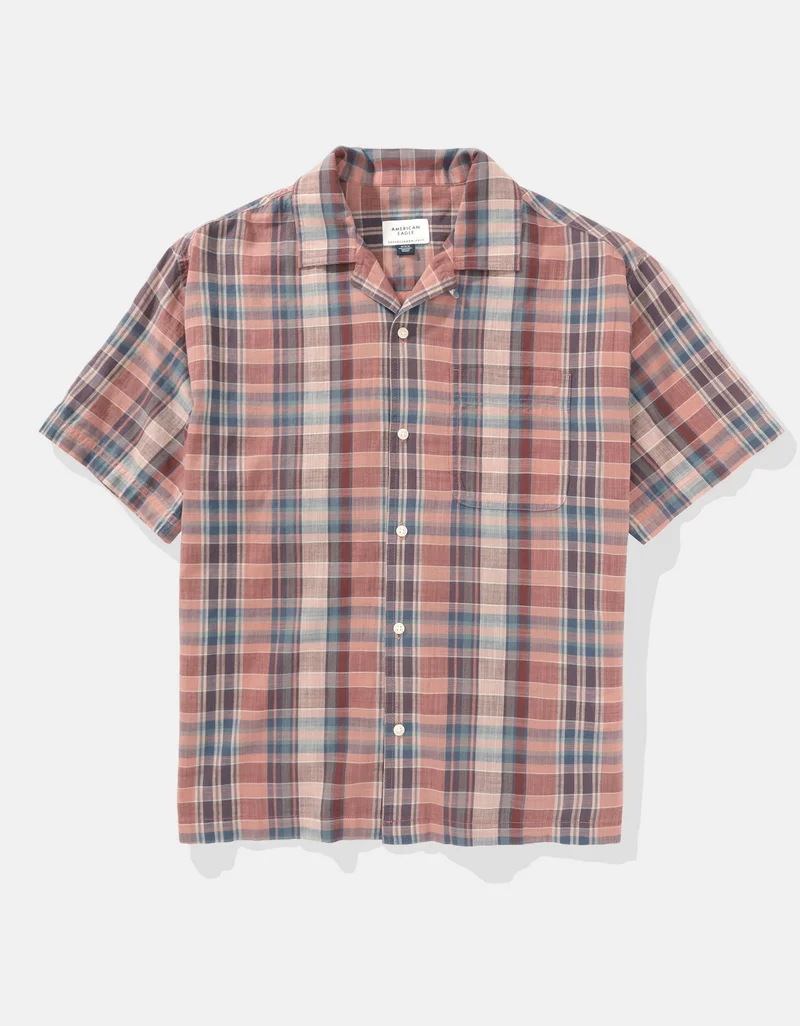American Eagle Checked Plaid Button-Up Poolside Shirt