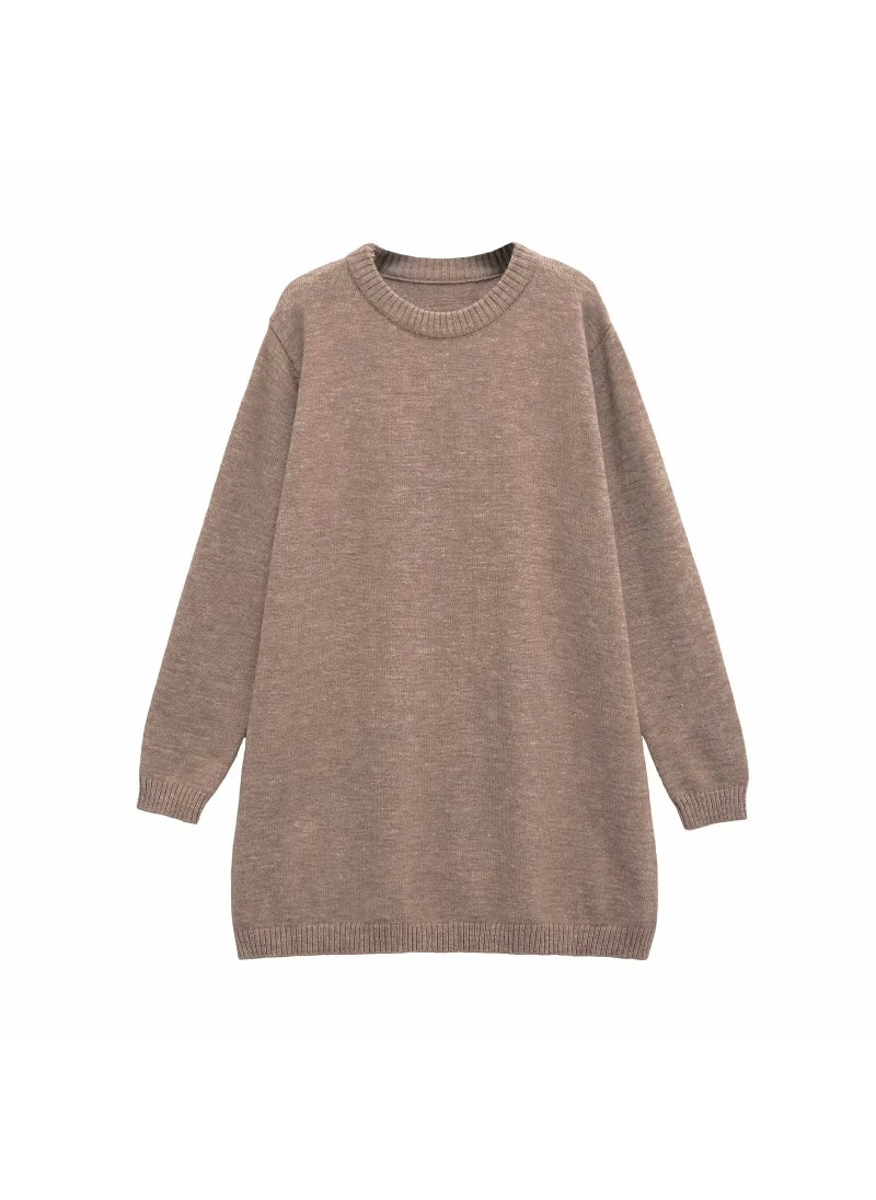 Generic - Autumn New Style Round Neck Long Sleeve Knit Dress Simple Solid Color Loose Fit Sweater Dress Cross-Border Fast Selling Khaki - Image 1